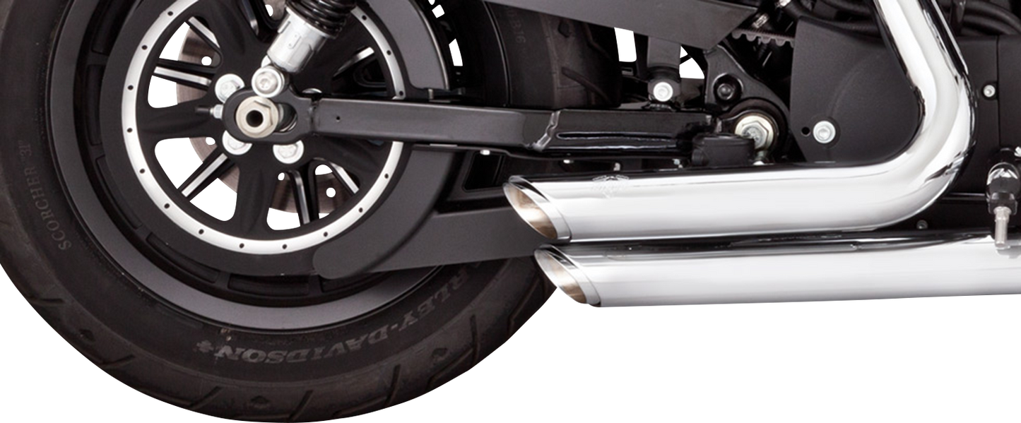 Chrome Vance & Hines Shortshots Staggered Exhaust System for motorcycles, featuring dual pipes and chrome finish.