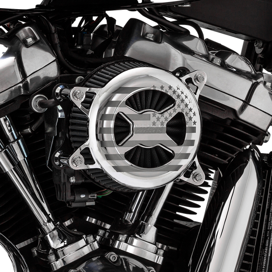 Vance & Hines VO2 America air intake kit in chrome installed on a Harley M8 motorcycle engine.