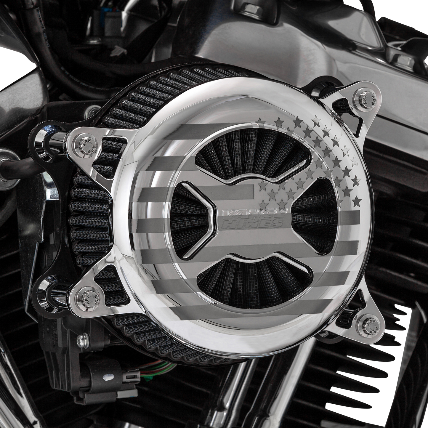 Chrome Vance & Hines VO2 America air intake kit for M8 Harley-Davidson models, shown on a motorcycle engine.