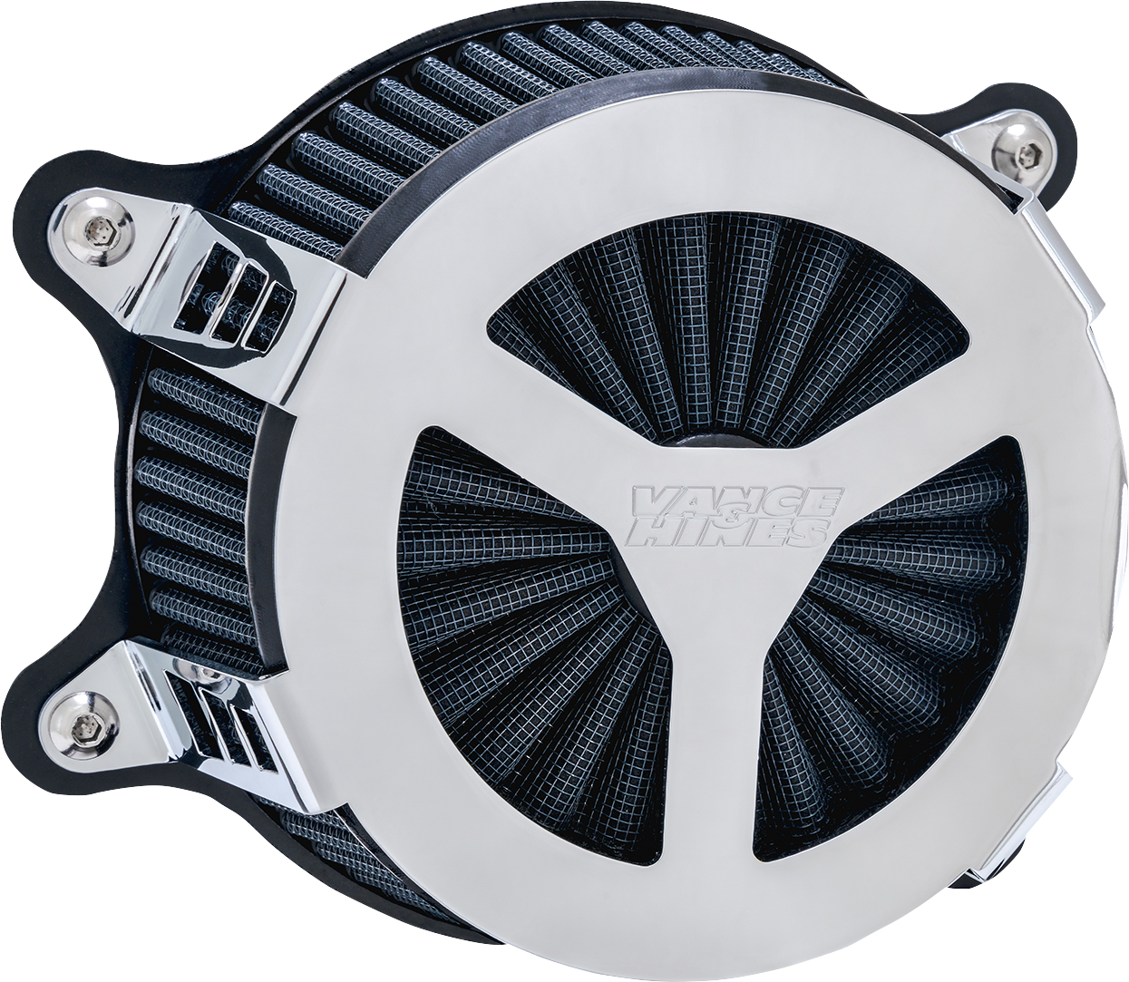 Vance & Hines VO2 Radiant III chrome air intake system for motorcycle, featuring polished metal finish and detailed design.