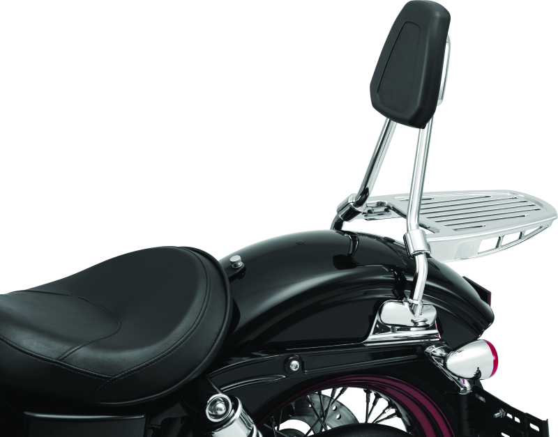 Kuryakyn chrome luggage rack sissy bar for Harley-Davidson sissy bars, part #6580, mounted on motorcycle rear.