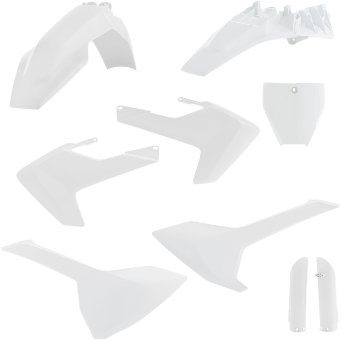 A white ACERBIS full replacement body kit for motorcycles, featuring sleek, aerodynamic panels and a smooth finish.