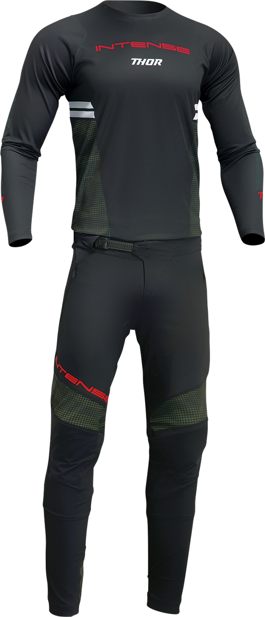 Black and camo THOR Intense Assist Berm long-sleeve jersey with logo and technical fabric details.