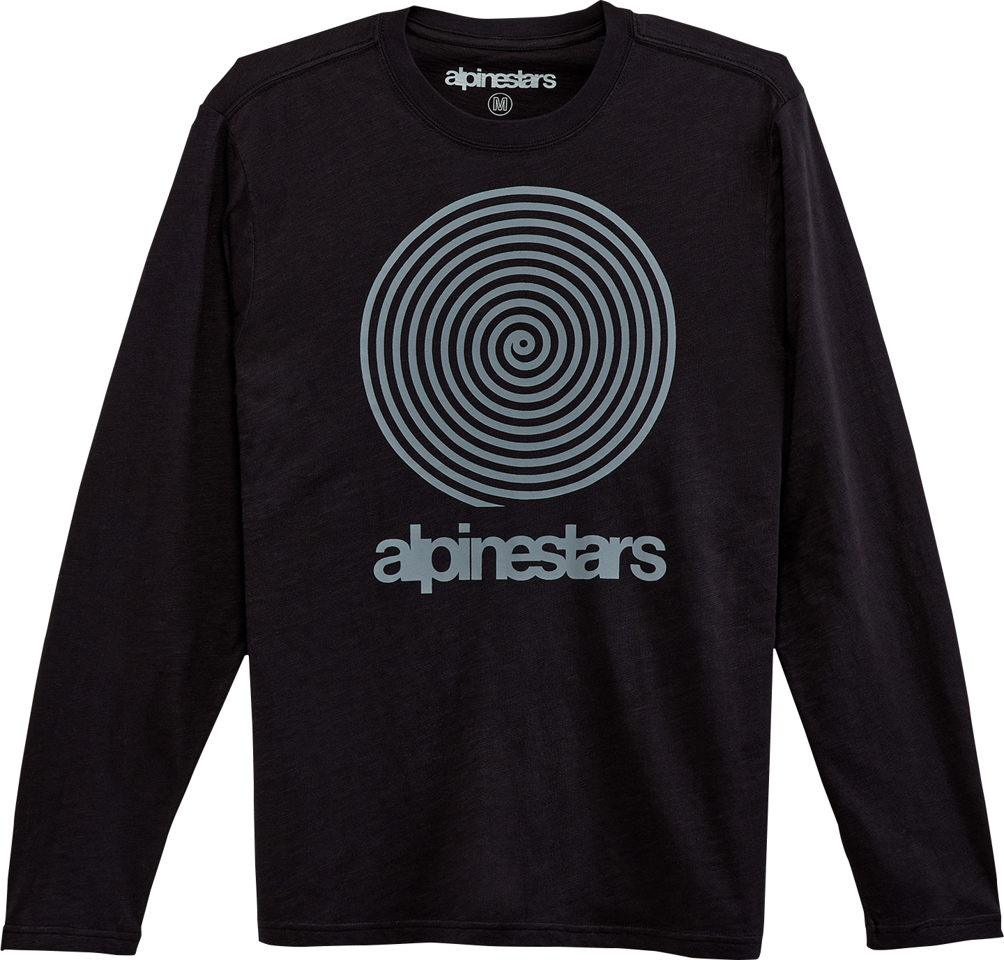 Alpinestars Spiral long-sleeve T-shirt in black, size medium, featuring a spiral graphic design on the front.