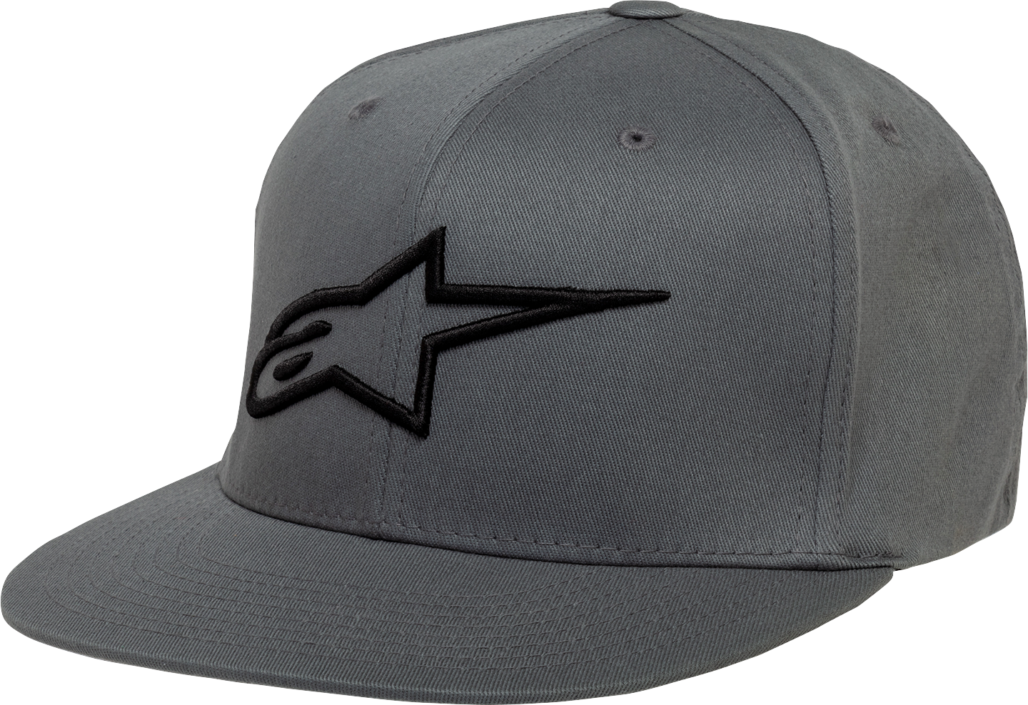 Alpinestars Ageless flat bill hat in charcoal and black, large/XL size, featuring a curved brim and branded logo detail.