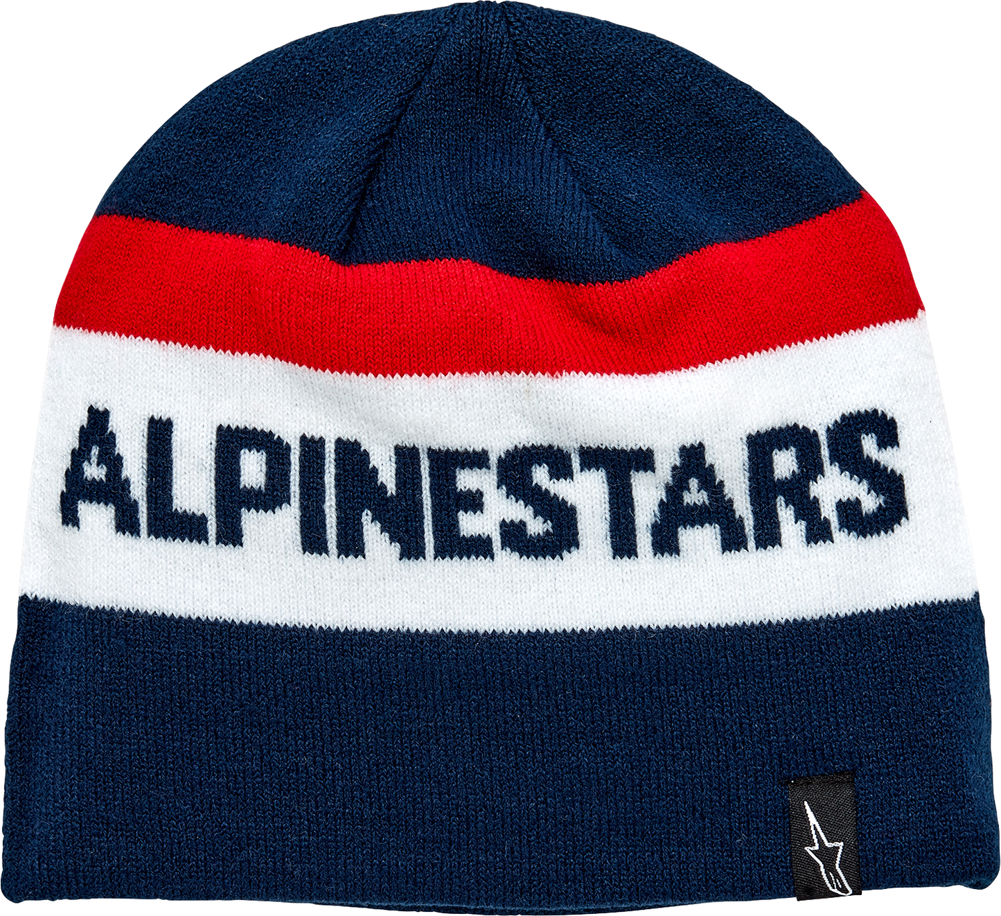Alpinestars Stake Beanie in navy, one size, soft knit fabric with logo patch, designed for warmth and casual style.