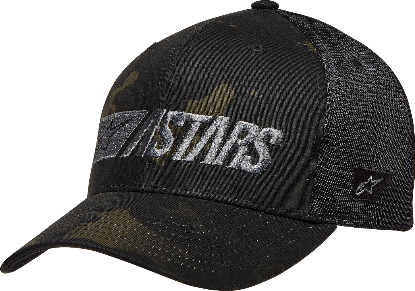 Alpinestars Reblaze Multicamo military black hat with adjustable strap and logo patch, outdoor and tactical style.