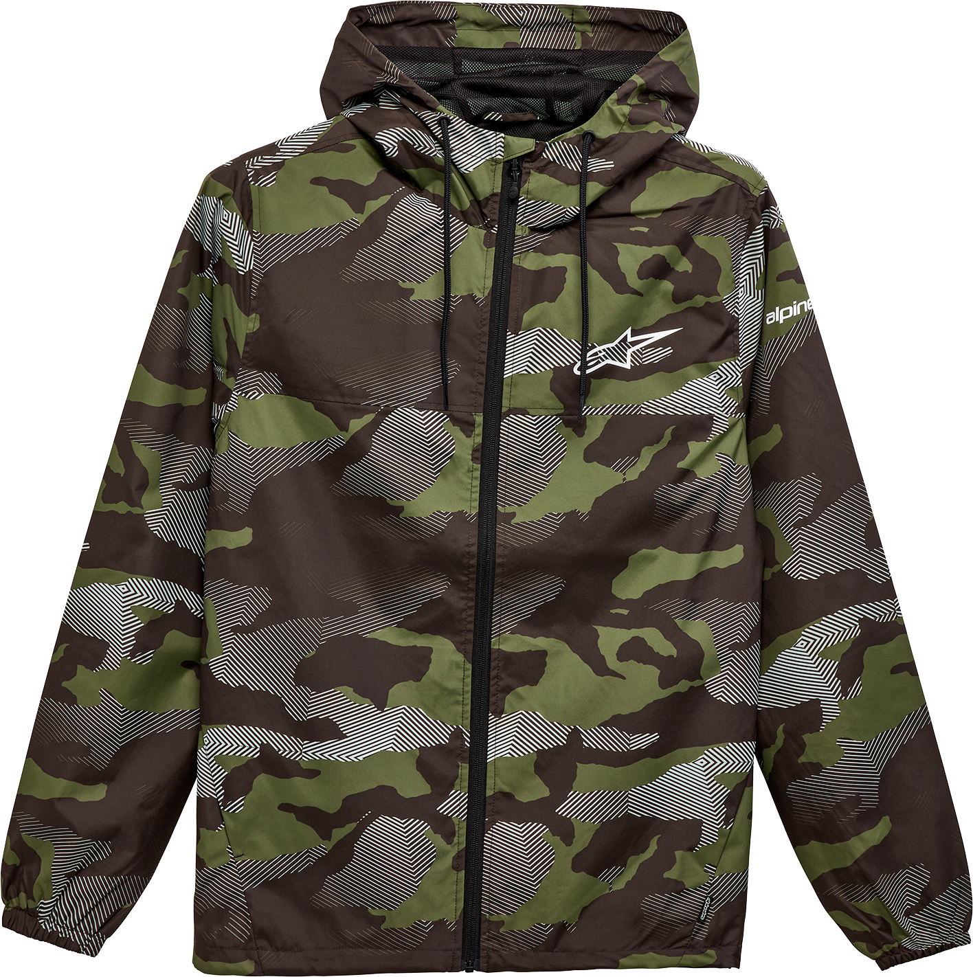 Alpinestars Treq Windbreaker Jacket in camouflage, size large, lightweight outdoor jacket with adjustable hood and front zipper.