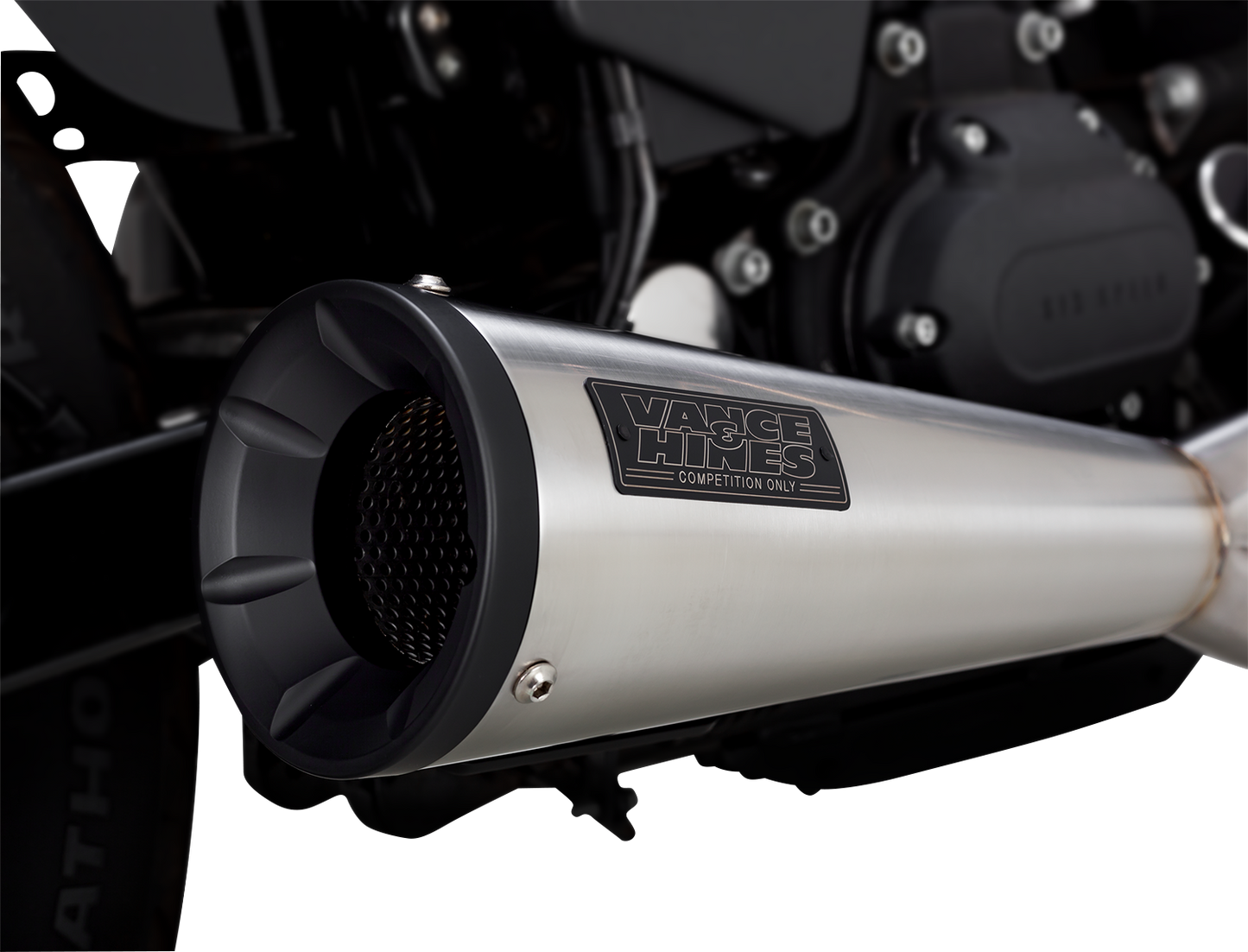 VANCE & HINES 27325 2-Into-1 Upsweep exhaust system in brushed stainless steel, featuring polished finish and sleek design.