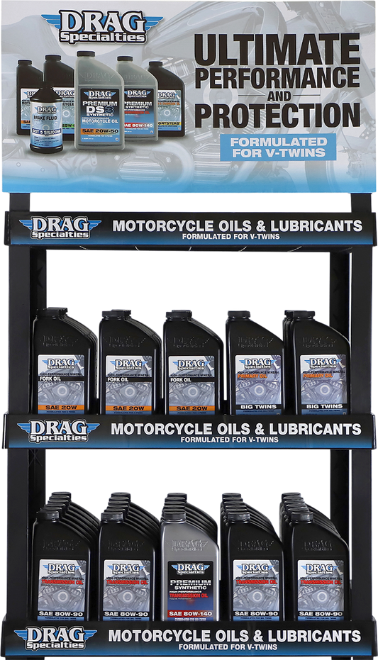 DRAG SPECIALTIES Oil Shelf Display with multiple bottles arranged on a retail shelf, showcasing motorcycle oil products.