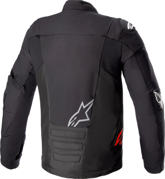 Alpinestars SMX waterproof motorcycle jacket in black, dark gray, and bright red, size 4XL, with visible waterproof fabric and design.