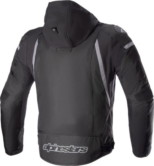 Alpinestars Zaca waterproof jacket in black and dark gray, medium size, featuring a sleek design and waterproof fabric.
