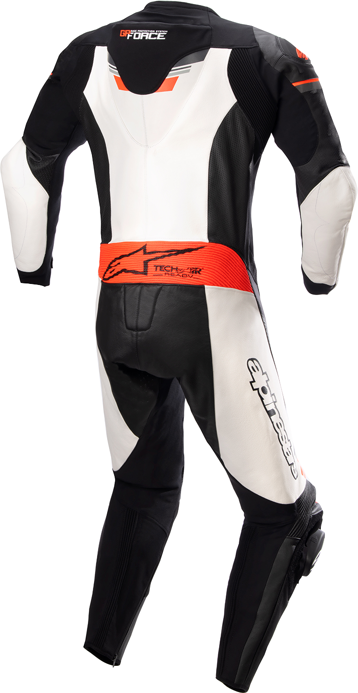 Alpinestars GP Force Chaser 1-piece leather motorcycle suit in black, white, and red fluo, US 46 / EU 56, front view.