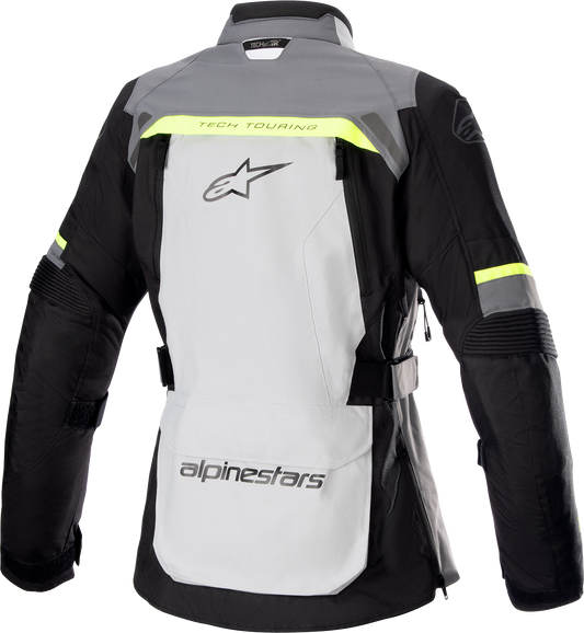 Alpinestars Stella Bogota Drystar jacket in gray and white, medium size, featuring durable motorcycle gear design and waterproof material.