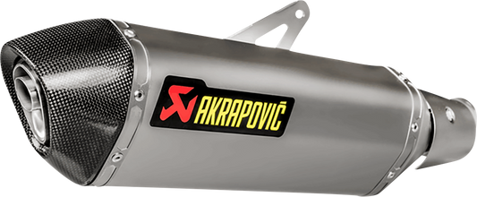 AKRAPOVIC Slip-On Line Titanium muffler for motorcycle, showcasing sleek design and branding details.