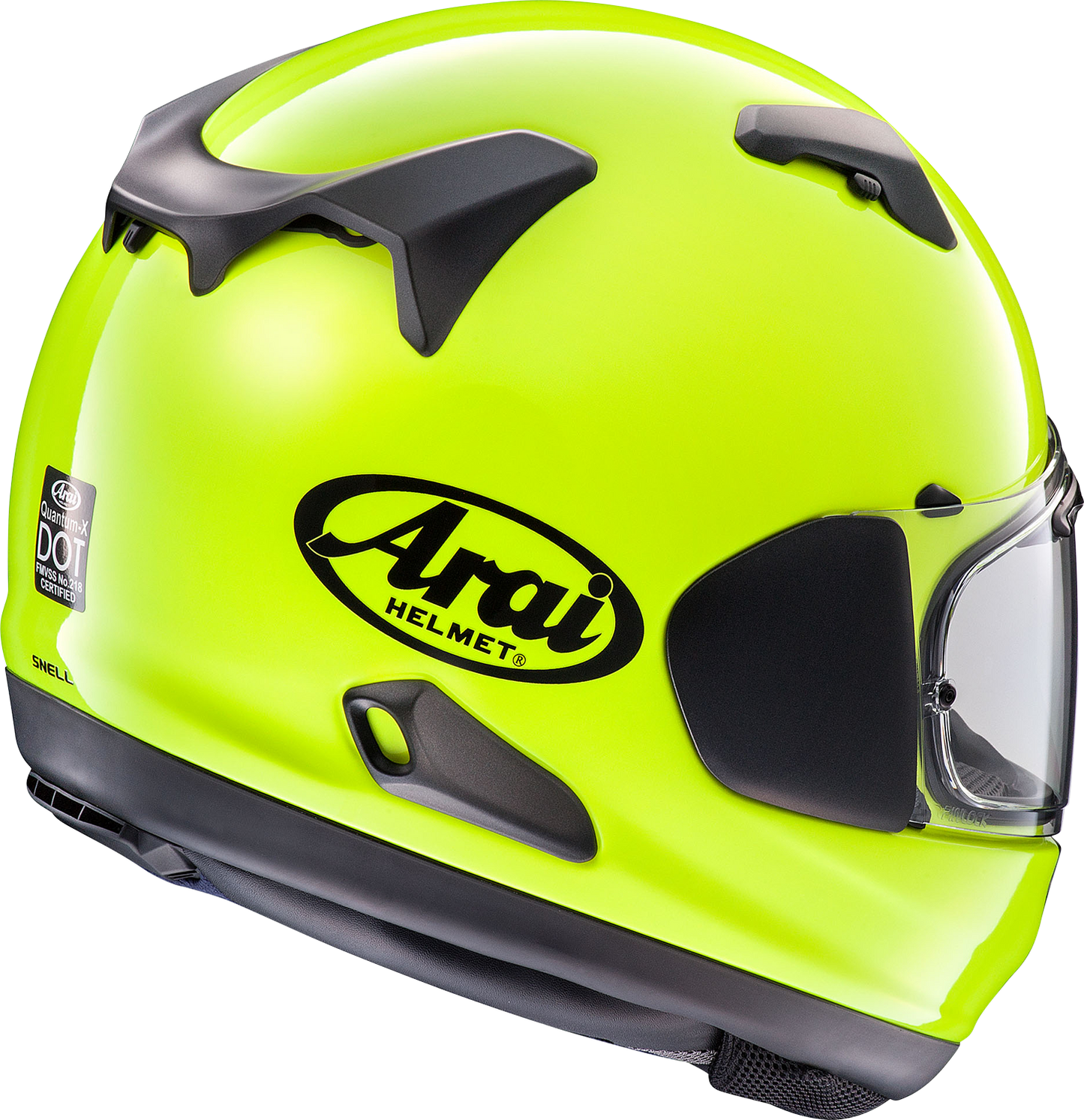ARAi Helmets Quantum-X helmet in fluorescent yellow, small size, with aerodynamic design and ventilation features.