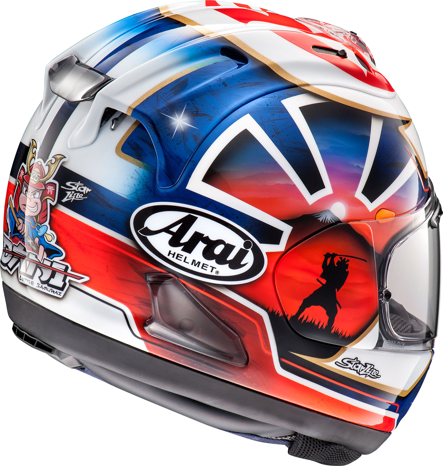 Blue ARAI HELMETS Corsair-X Dani Samurai-2 motorcycle helmet on a mannequin, showing detailed design and large size.