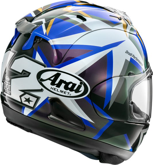 Arai Corsair-X Vinales motorcycle helmet in XL with advanced ventilation and secure shield system, featuring sleek design and safety features.