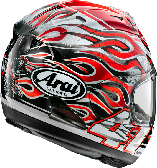 Arai Corsair-X Haga GP 2XL motorcycle helmet with advanced ventilation and safety features, shown in a sleek design.