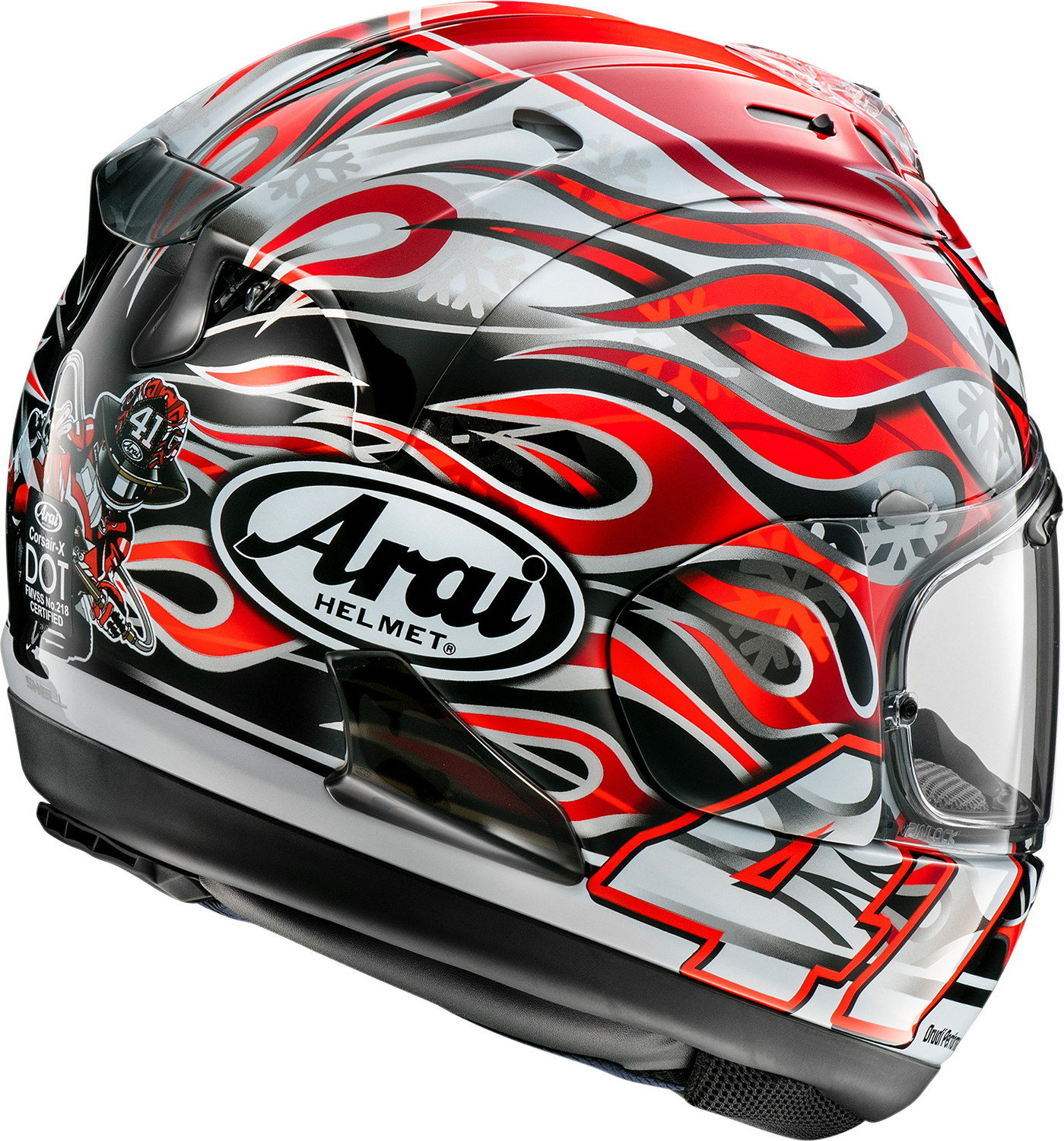 Arai Corsair-X Haga GP 2XL motorcycle helmet with advanced ventilation and safety features, shown in a sleek design.