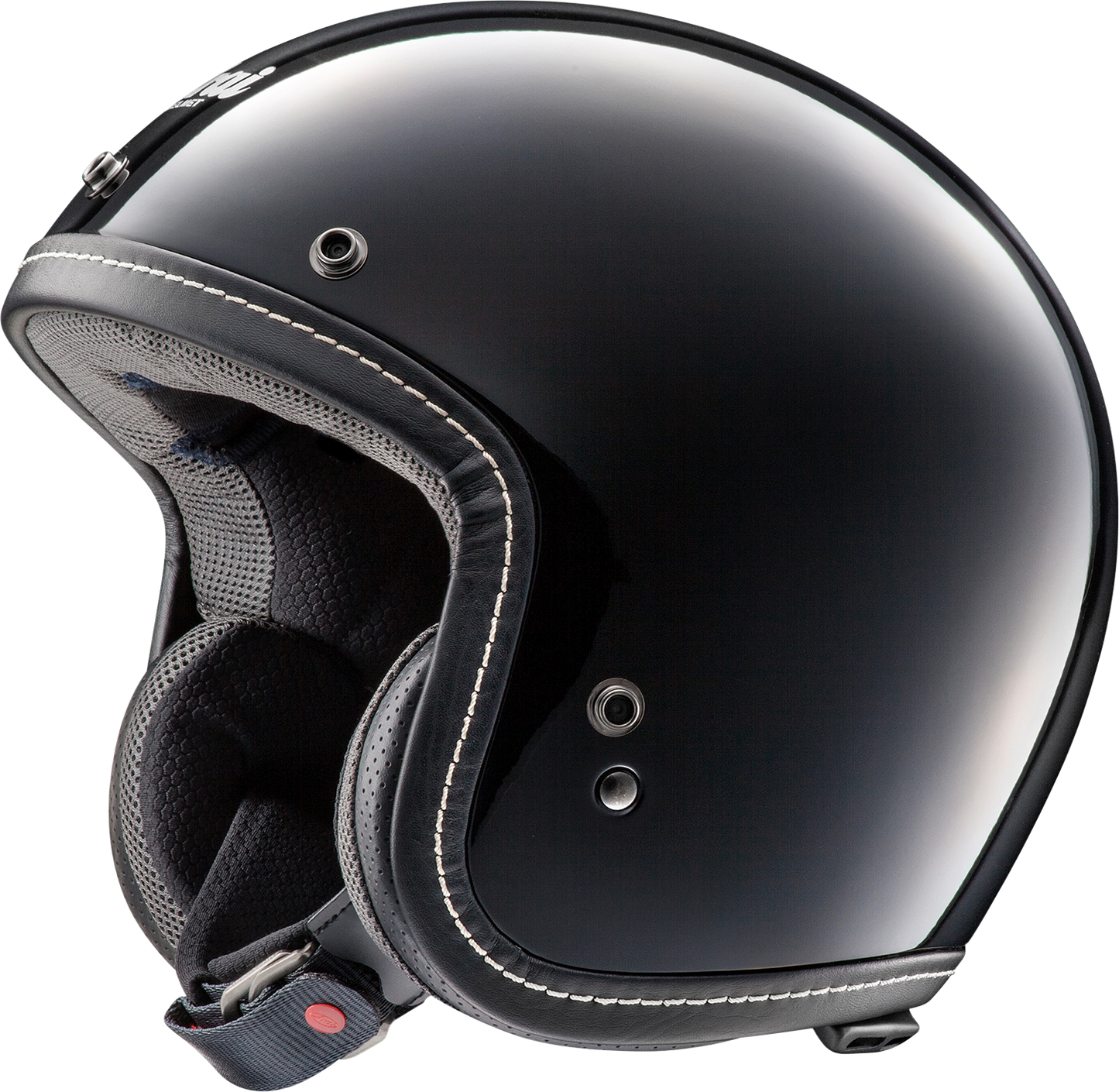 Black ARAI HELMETS Classic-V motorcycle helmet with advanced ventilation, XS size, intermediate oval fit, showcasing aerodynamic design.