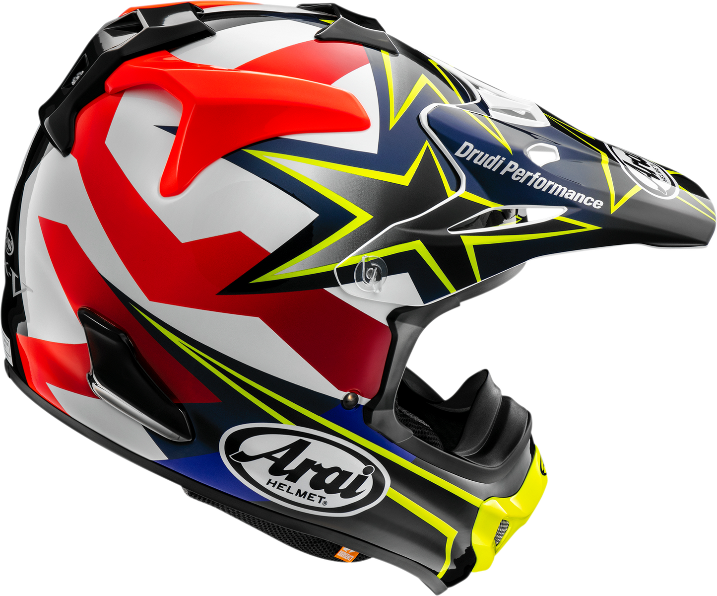 Yellow ARAI HELMETS VX-Pro4 Stars & Stripes off-road helmet with advanced protection, small size, featuring star and stripe design.