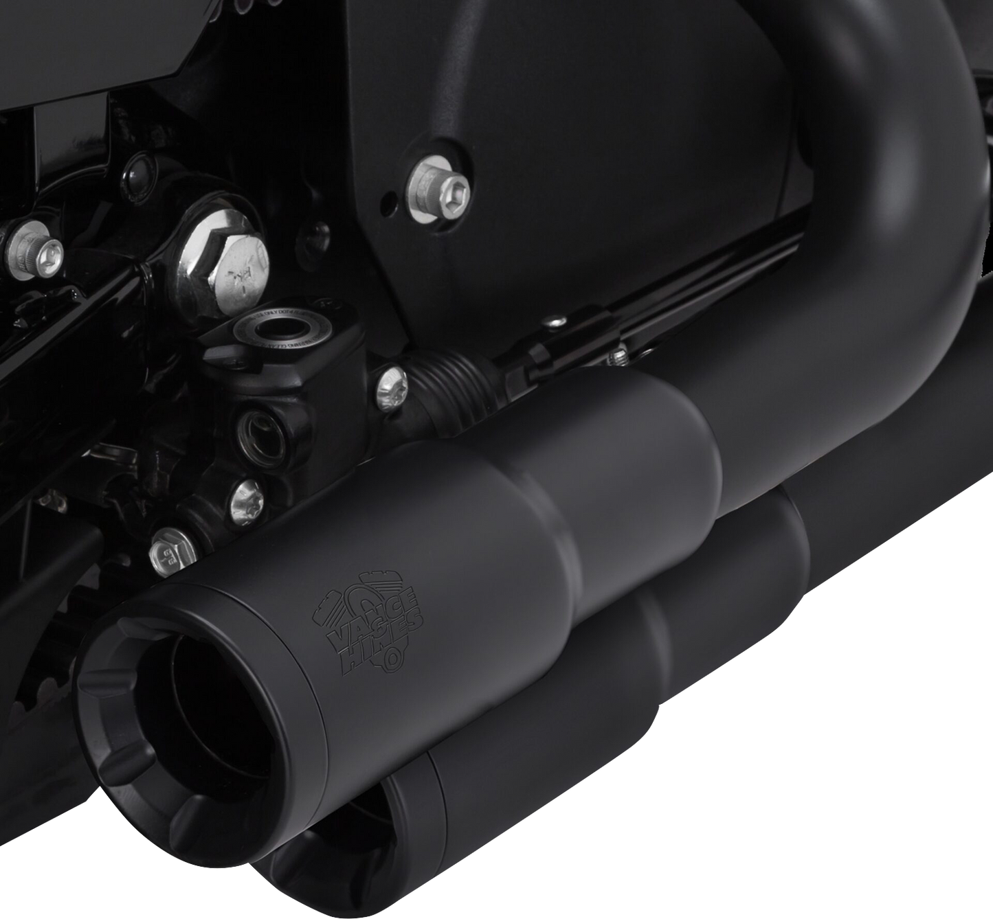 VANCE & HINES Mini Grenades 2-Into-2 exhaust system with black finish, showing dual chrome tips and sleek motorcycle exhaust design.