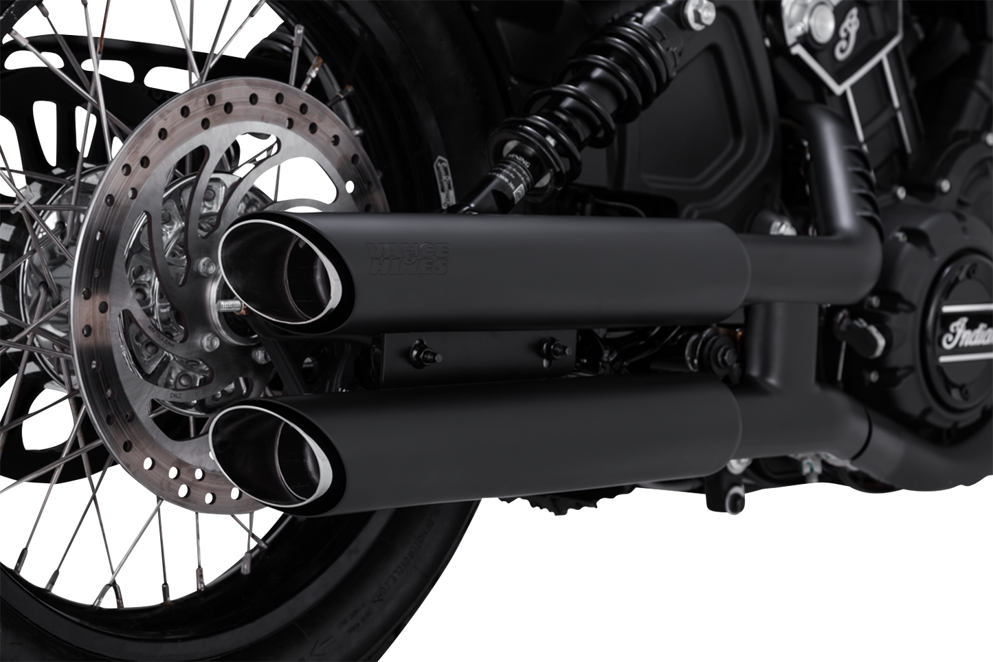 Black Vance & Hines 3-inch Twin Slash Slip-On Mufflers with PCX Technology for Harley-Davidson motorcycles.