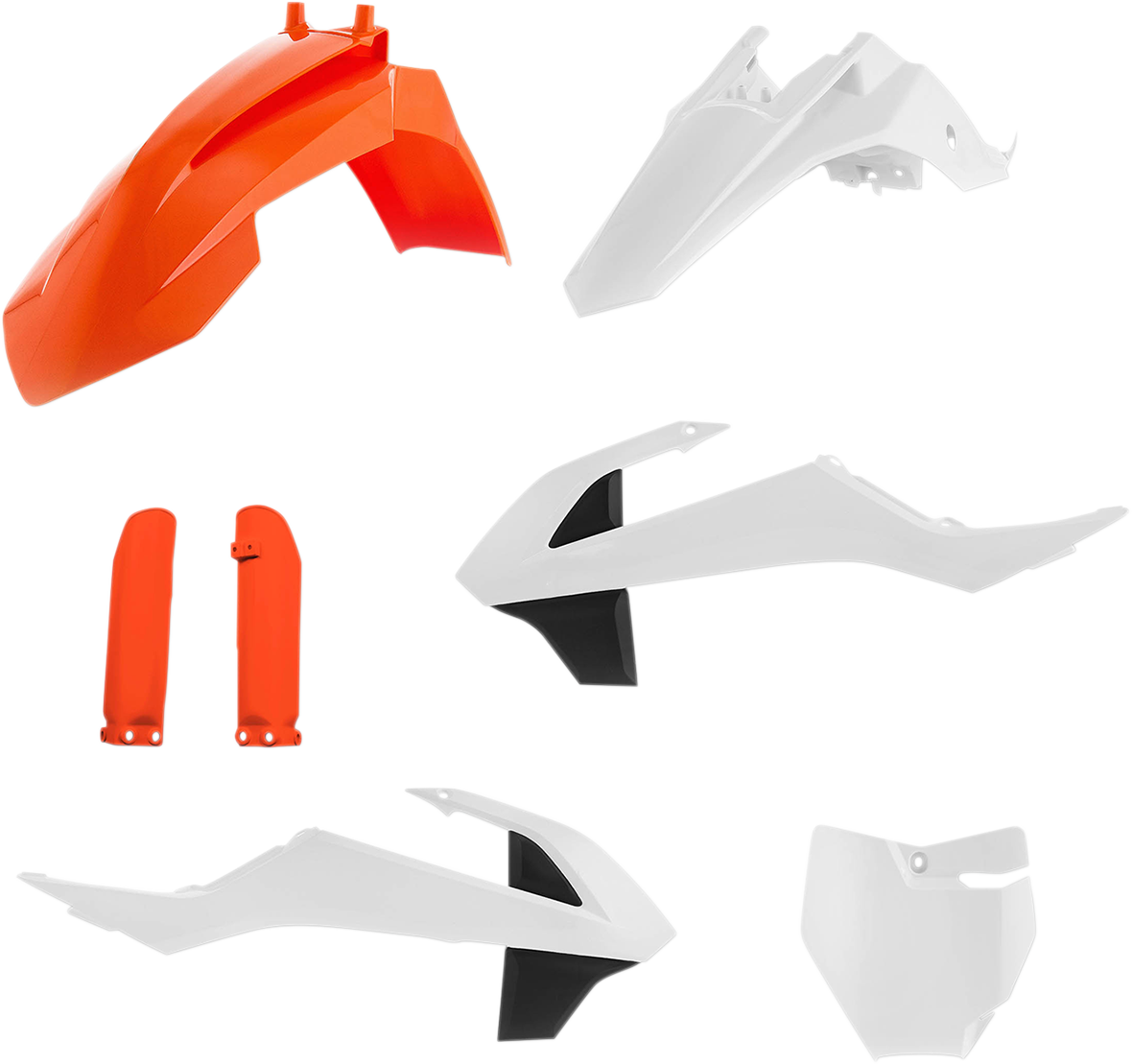 Acerbis full replacement body kit in orange, white, and black for OEM '17 motorcycle, featuring streamlined body panels and decals.