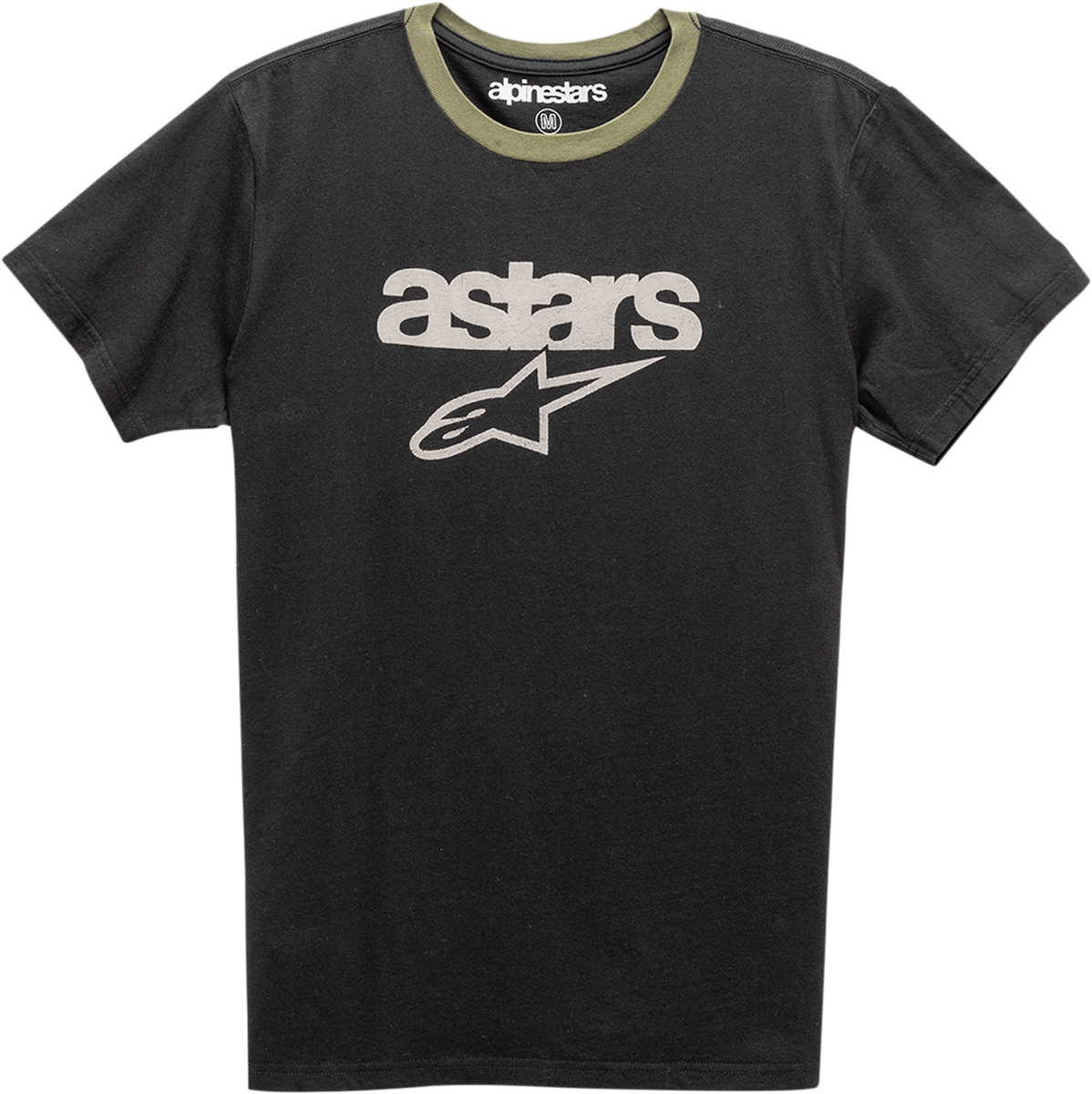 Alpinestars Match T-Shirt in black and military green, medium size, with logo and stylish design on front.