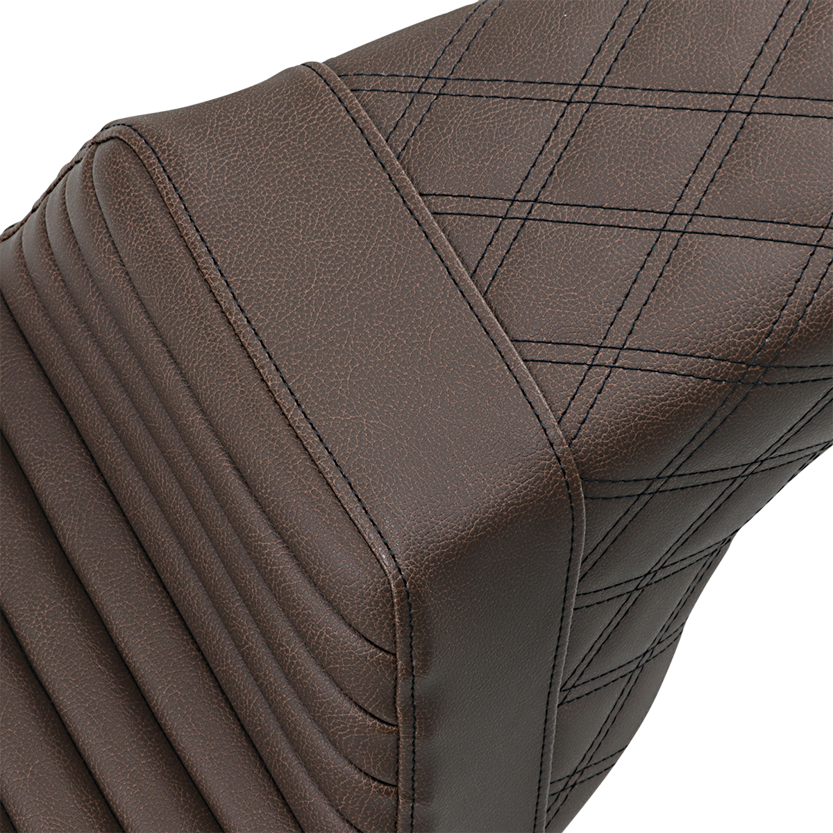 Bill's Exhausts SADDLEMEN Step-Up Seat with front tuck-n-roll and rear lattice stitch in brown, designed for motorcycle comfort.