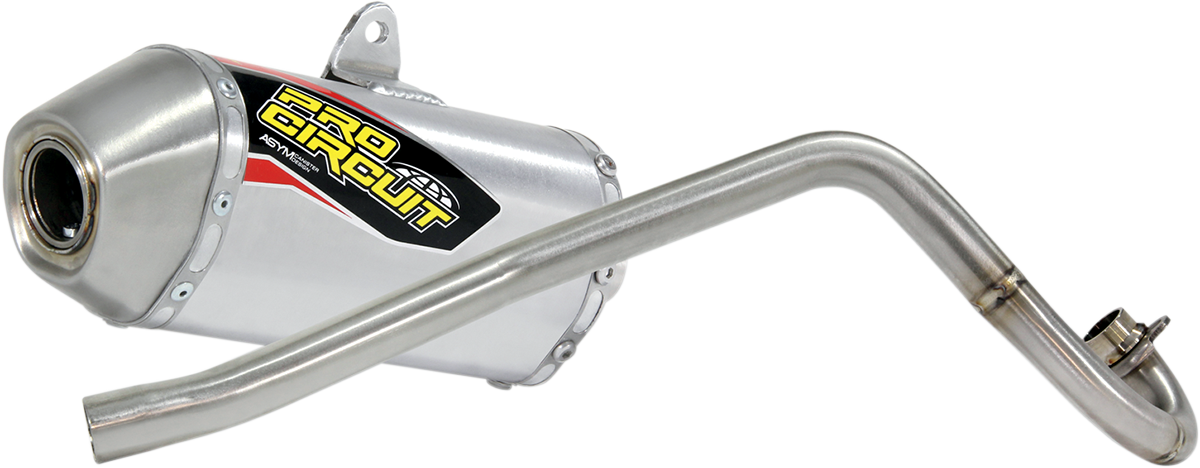 Pro Circuit T-5 exhaust system for motorcycles, showcasing the sleek, metallic exhaust pipe with branding and polished finish.