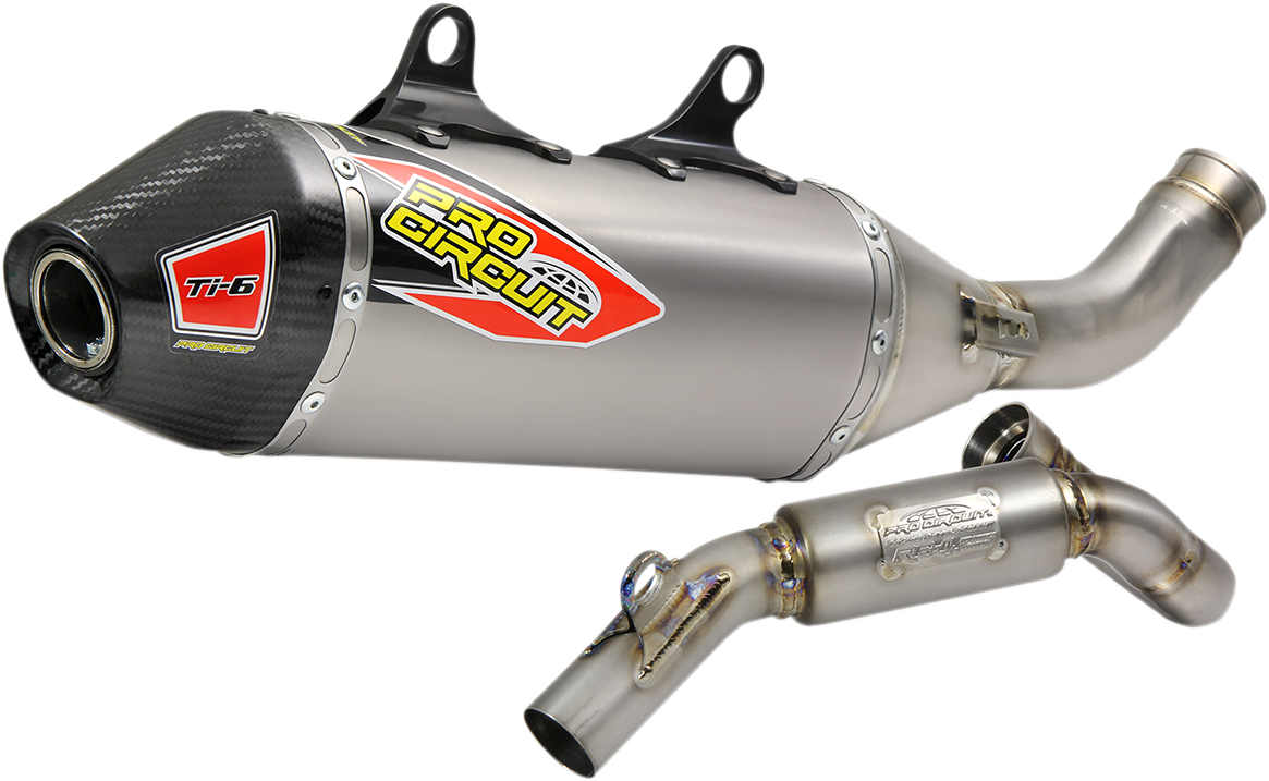 High-performance PRO CIRCUIT Ti-6 titanium motorcycle exhaust system with sleek metallic finish and compact design.