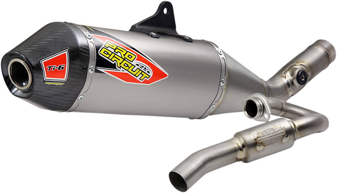 PRO CIRCUIT Ti-6 exhaust system for off-road bikes, showing the lightweight titanium construction and polished design.