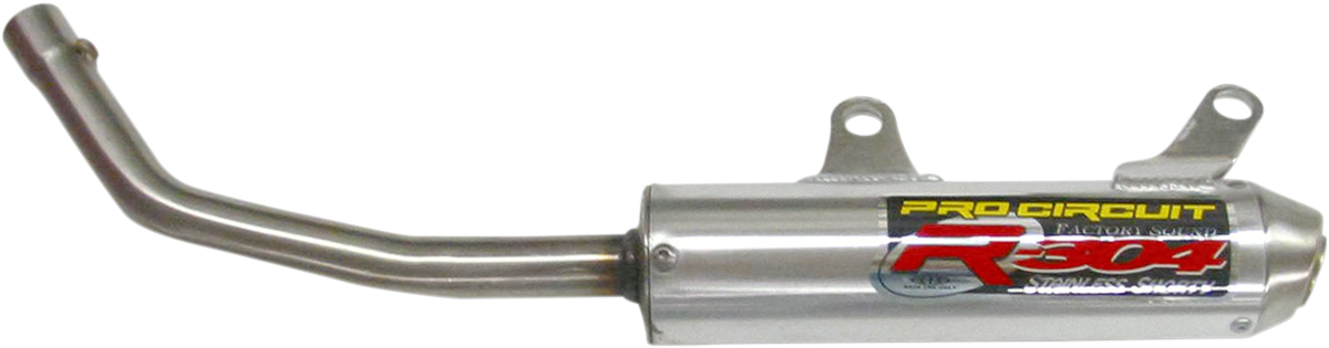 PRO CIRCUIT R-304 two-stroke silencer for closed-course racing, showing the black and silver exhaust with branding details.