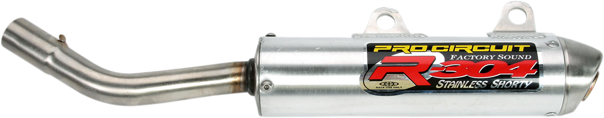 Pro Circuit R-304 two-stroke silencer for racing motorcycles, showcasing the durable metal construction and compact design.