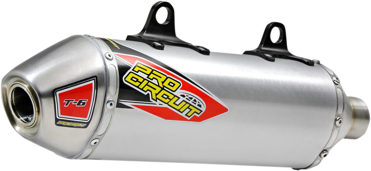 Stainless steel PRO CIRCUIT T-6 Muffler slip-on silencer for off-road motorcycles, featuring a sleek, polished design.