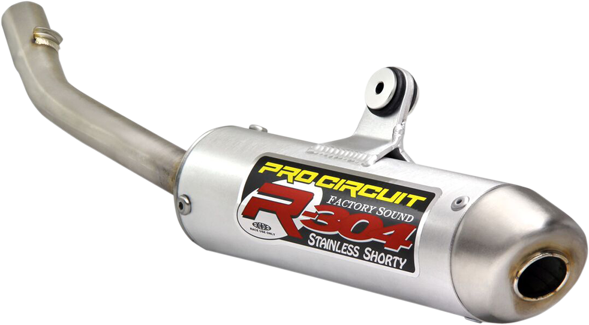 Pro Circuit R-304 two-stroke silencer for race performance, silver metal exhaust muffler with branding, designed for motocross bikes.