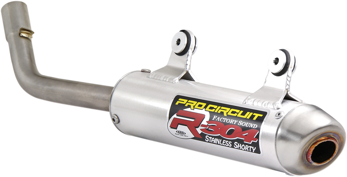 PRO CIRCUIT R-304 two-stroke silencer, compact aluminum race exhaust for closed-course racing, shown with sleek finish and mounting details.