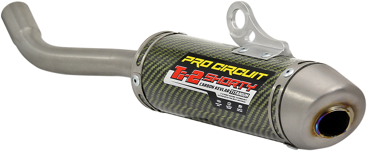 Pro Circuit Ti-2 Silencer for closed-course racing, lightweight titanium design, shown on motocross bike exhaust system.