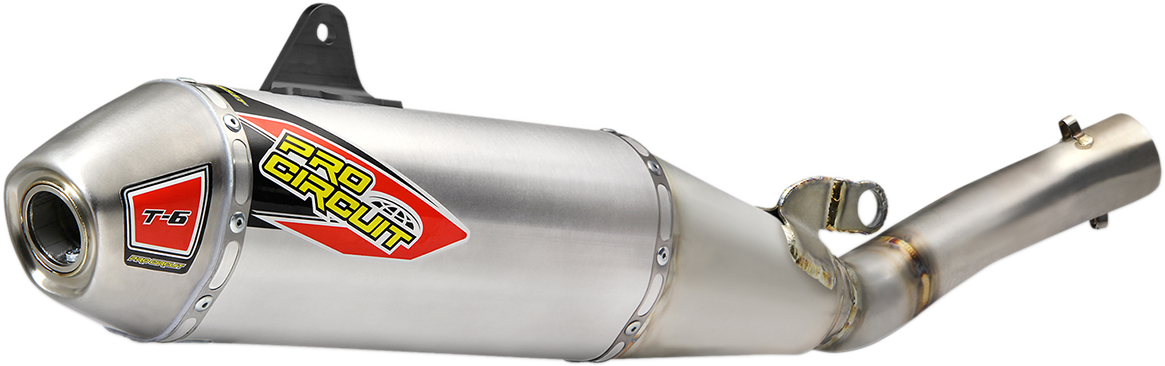 Pro Circuit T-6 muffler for off-road motorcycles, stainless steel exhaust with polished finish, designed for enhanced performance.