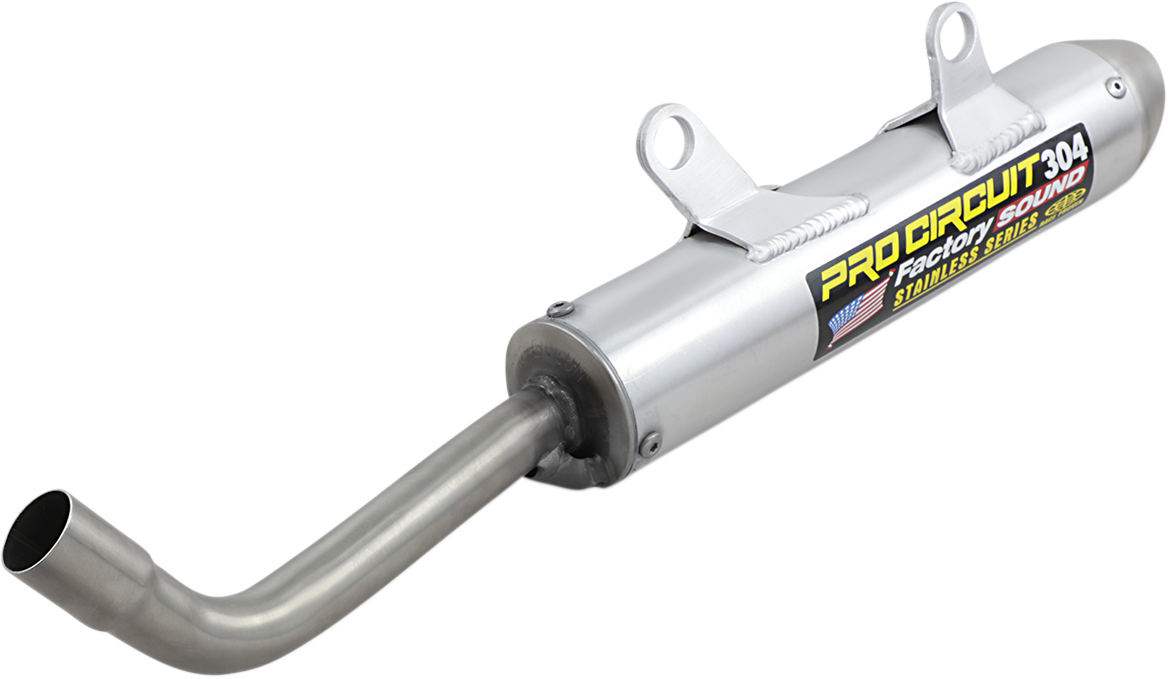 Pro Circuit 304 Silencer motorcycle exhaust system installed on a high-performance motorcycle, showcasing the sleek design and branding