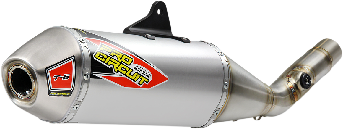 Pro Circuit T-6 motorcycle muffler for enhanced performance, shown with sleek metal finish and branding details.