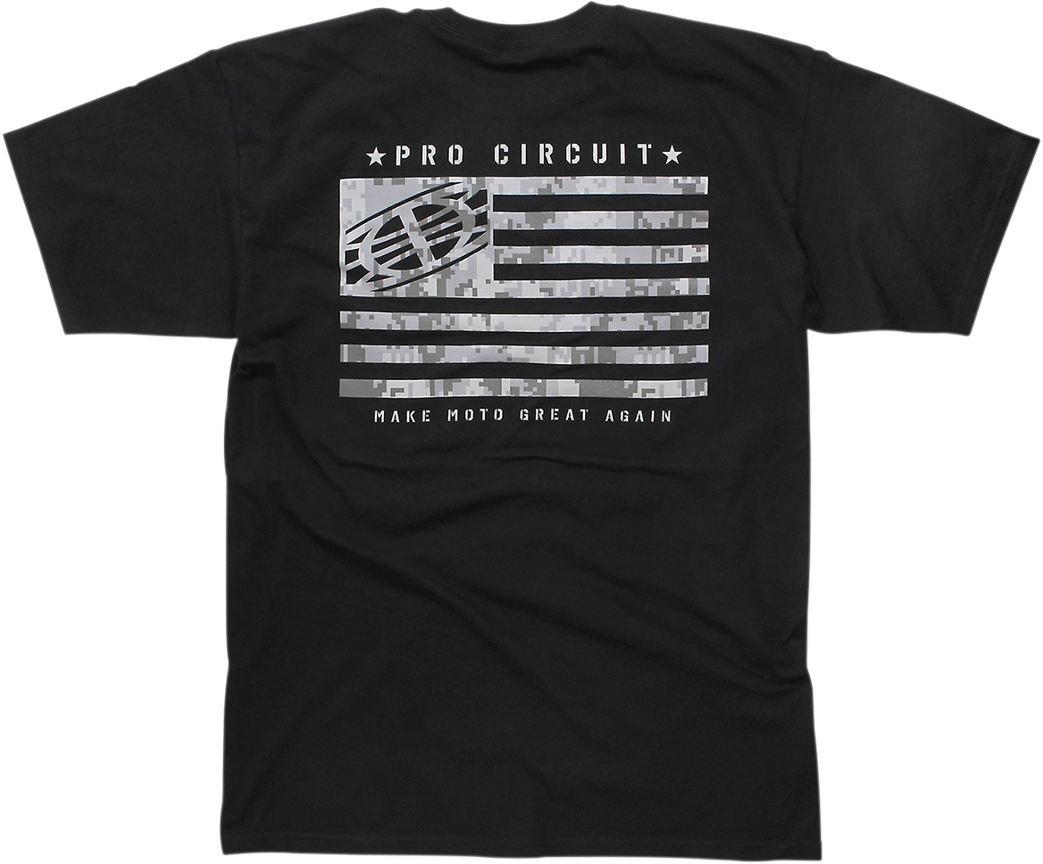 Black PRO CIRCUIT flag T-shirt, large size, featuring the brand logo and design on the front.