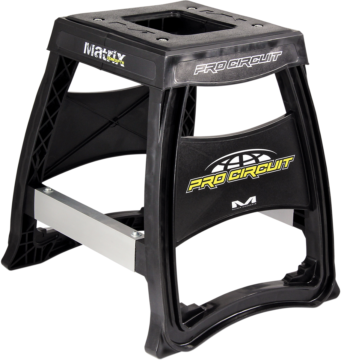 PRO CIRCUIT Matrix Concepts™ bike stand supporting motorcycles, made of lightweight and durable materials for stable maintenance.