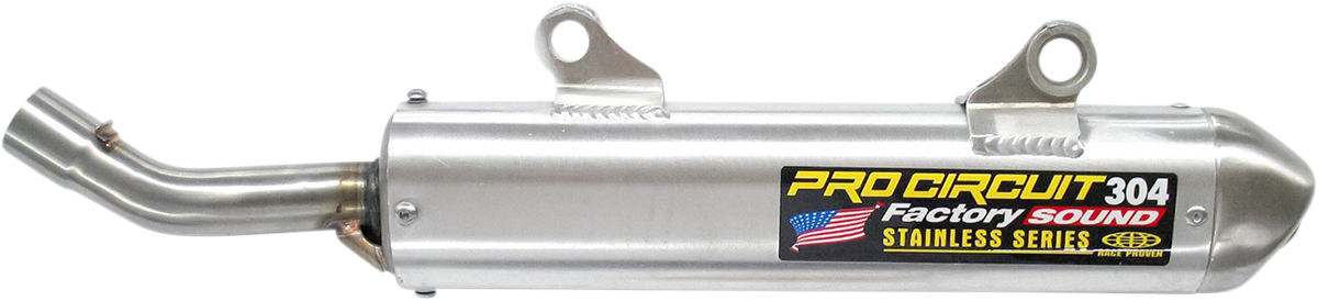 Pro Circuit 304 Silencer motorcycle exhaust system with sleek design and polished finish for enhanced performance and sound.