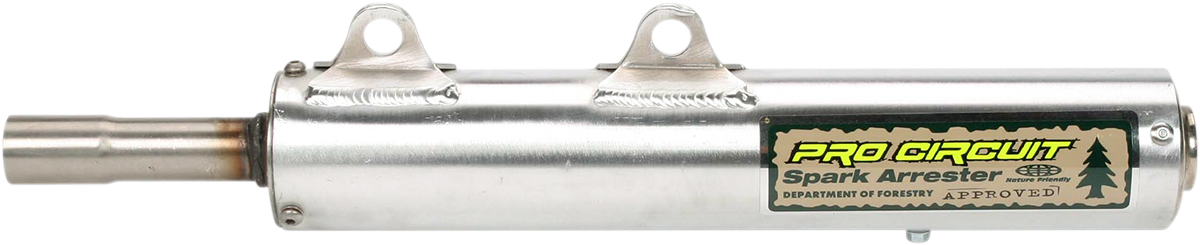 Pro Circuit spark arrestor silencer for KDX 200/250 motocross bikes, shown in close-up with mounting details.