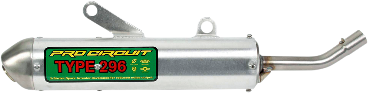 PRO CIRCUIT spark arrestor silencer SS02125-296 for trail riding, showing the stainless steel construction and mounting details.