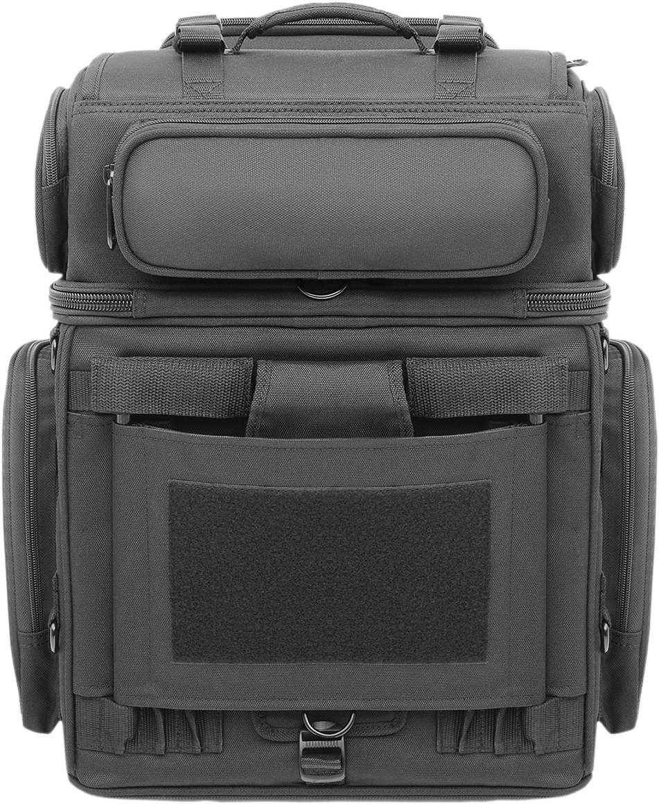 Bill's Exhausts SADDLEMEN Sissy Bar Bag seat with rugged tactical design for motorcycle sissy bar storage.