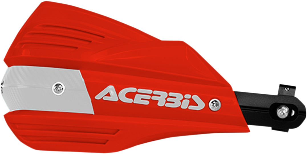 Acerbis X-Factor red and white motorcycle handguards mounted on handlebars, designed for durability and rider protection.